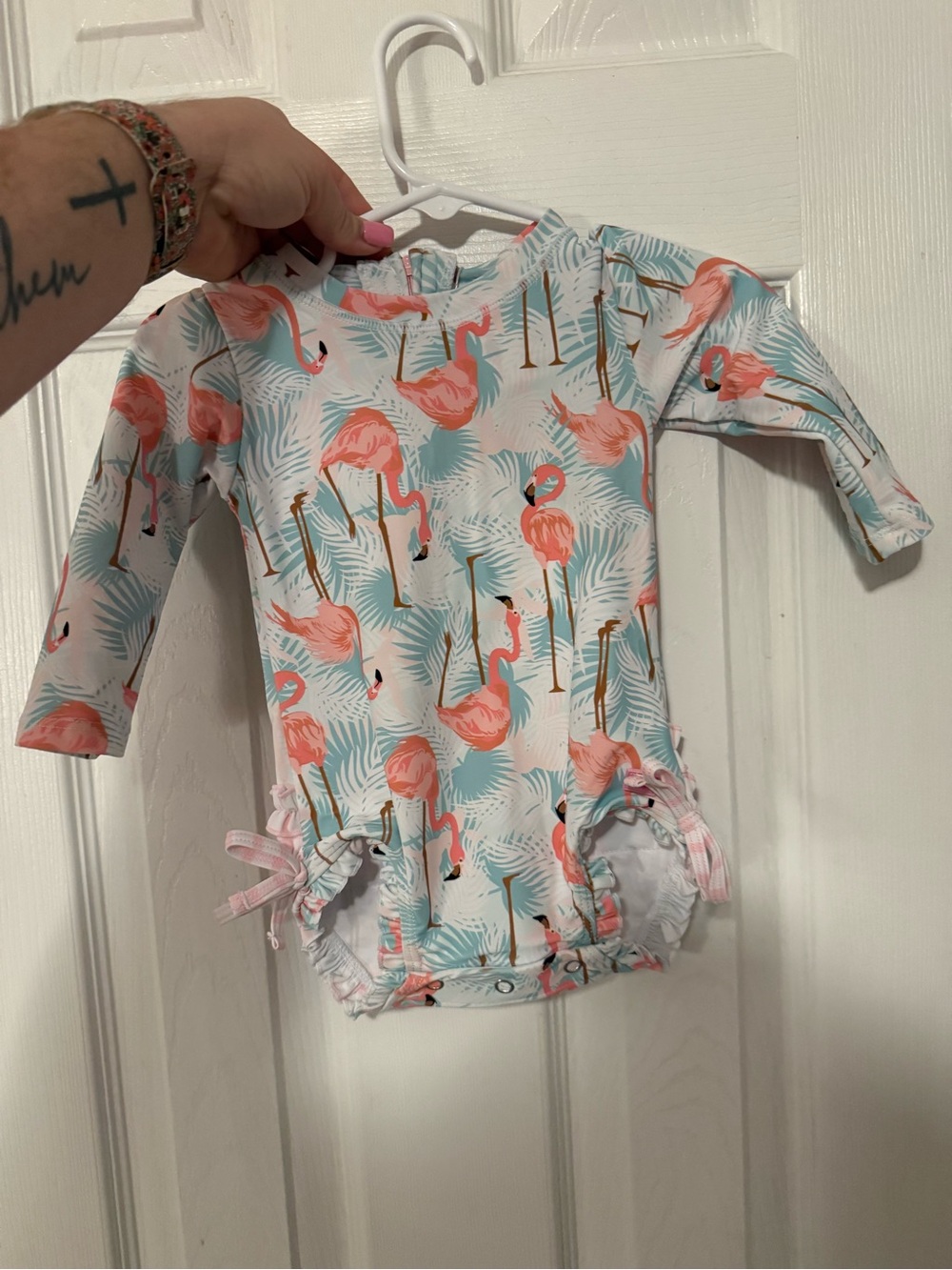 NWT RUFFLEBUTTS 6-12M Baby One-Piece Swimsuit with Pink Flamingo Print